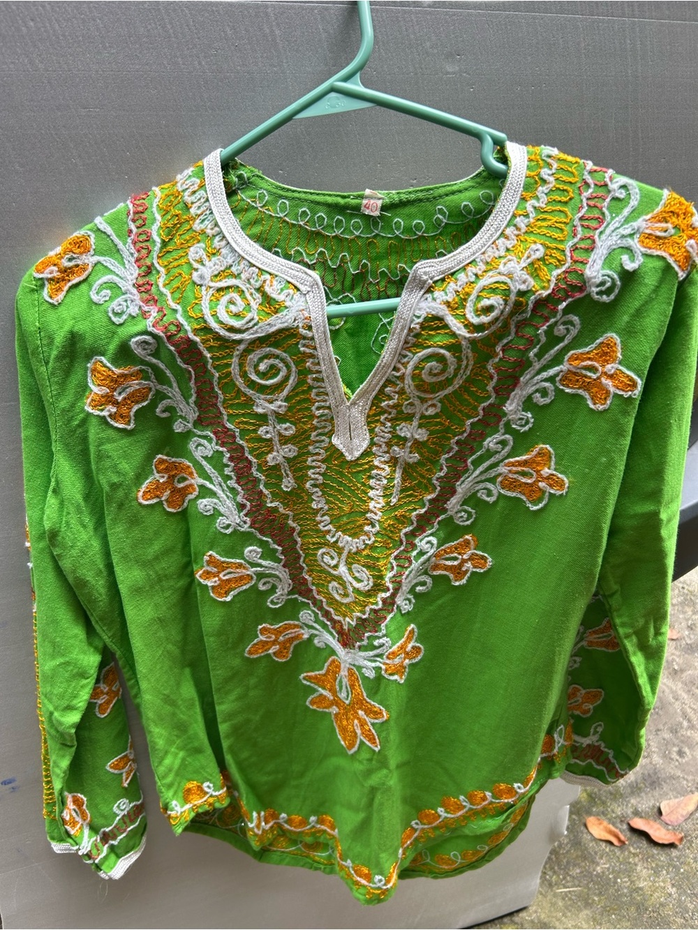 Vintage Green Embroidered V-Neck Women's Top